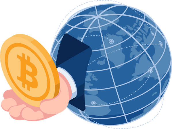 Hand with Bitcoin come out from The World  Illustration