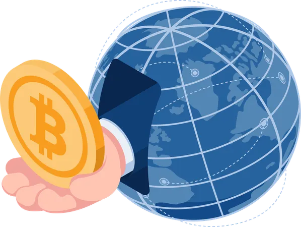 Hand with Bitcoin come out from The World  Illustration