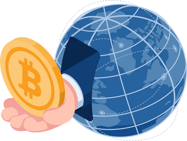 Hand with Bitcoin come out from The World  Illustration