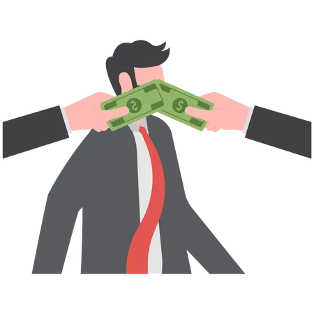 Hand with dollar bill covering businessman mouth  Illustration