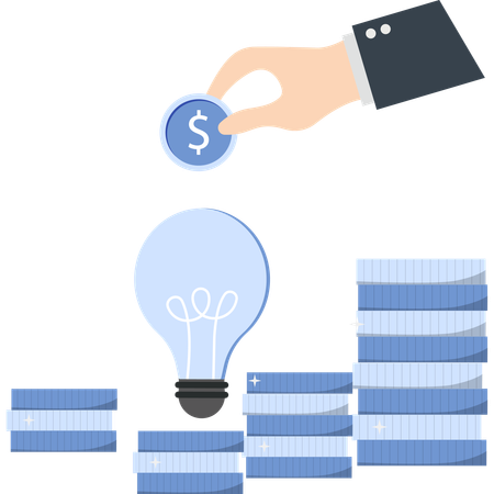 Hand with Dollar Coin Lightbulb and Stacks of Coins  Illustration