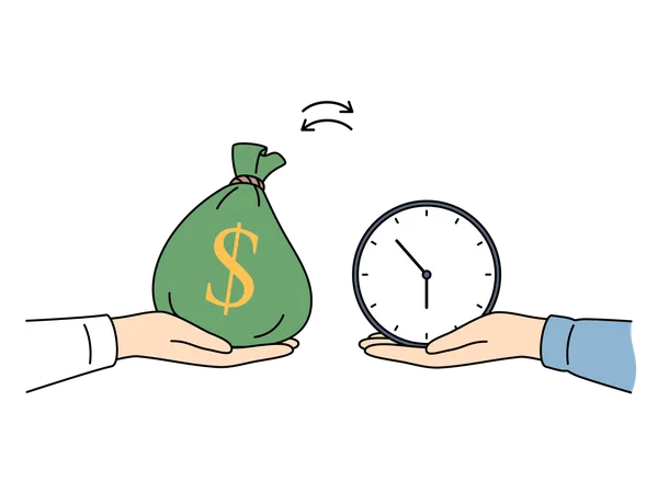 Hand with money and clock as metaphor for exchanging financial resources for time and delegation  일러스트레이션