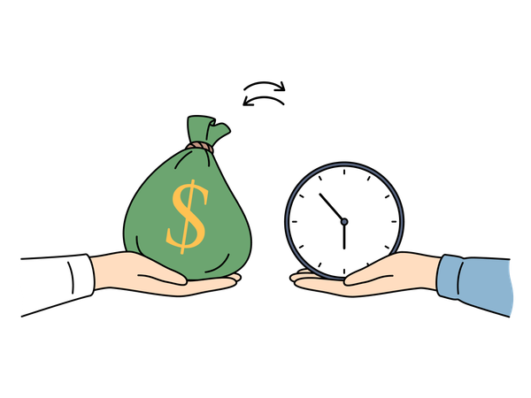 Hand with money and clock as metaphor for exchanging financial resources for time and delegation  Illustration