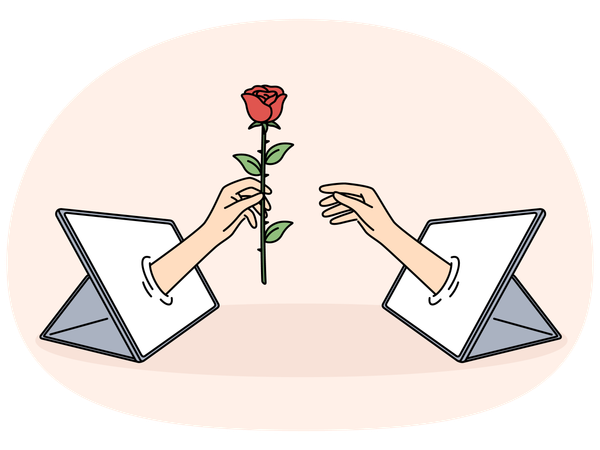 Hand with rose in tablet is metaphor for online relationships and dating using digital gadgets  Illustration