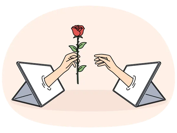 Hand with rose in tablet is metaphor for online relationships and dating using digital gadgets  Illustration
