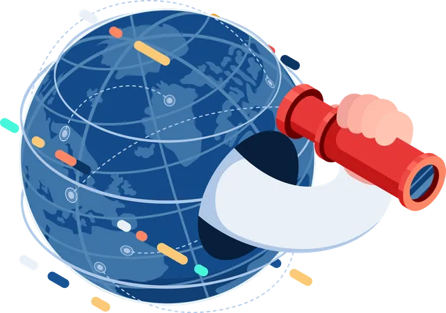 Hand with Telescope out from The World Global Business Vision  Illustration