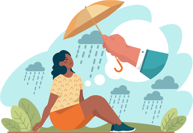 Hand with umbrella protecting girl from rain  Illustration