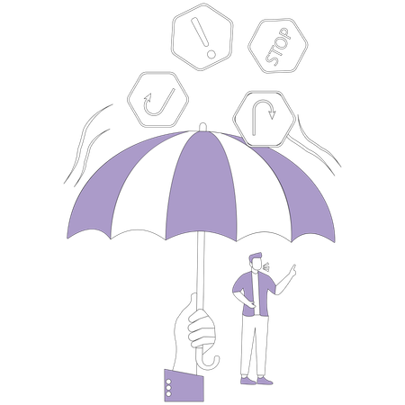 Hand with umbrella protects man from falling danger signs  Illustration