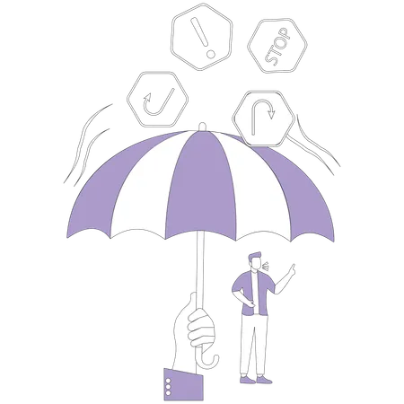 Hand with umbrella protects man from falling danger signs  Illustration