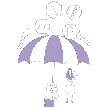 Hand with umbrella protects woman from falling danger signs  Illustration