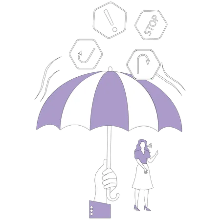 Hand with umbrella protects woman from falling danger signs  Illustration