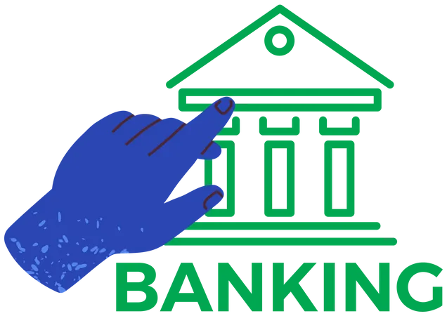 Hand zeigt auf Bankgebäude-Symbol. Banking-App für Geldtransaktionen und Unternehmensinvestitionen  Illustration