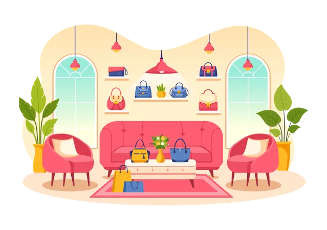 Handbag Store Vector Illustration With Collection Of Various Quality Bags And Different Types Of Lifestyle In Flat Cartoon Background Design Illustration