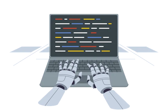 Hände eines Roboterprogrammierers geben dank der Entwicklung künstlicher Intelligenz Code in einen Laptop ein  Illustration