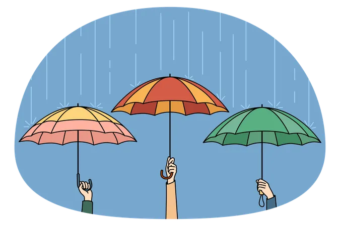 Hände halten bunte Regenschirme, die sich vor dem Regen in der Stadt schützen.  Illustration