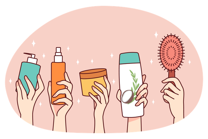Hände halten verschiedene Kosmetikflaschen  Illustration