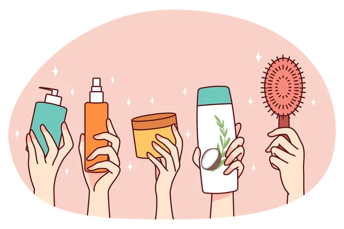 Hände halten verschiedene Kosmetikflaschen  Illustration