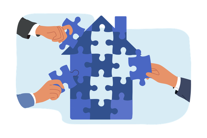 Hände von Investoren, die Reid Investments nutzen, um Immobilien zu kaufen und Häuser aus Puzzleteilen zusammenzusetzen  Illustration