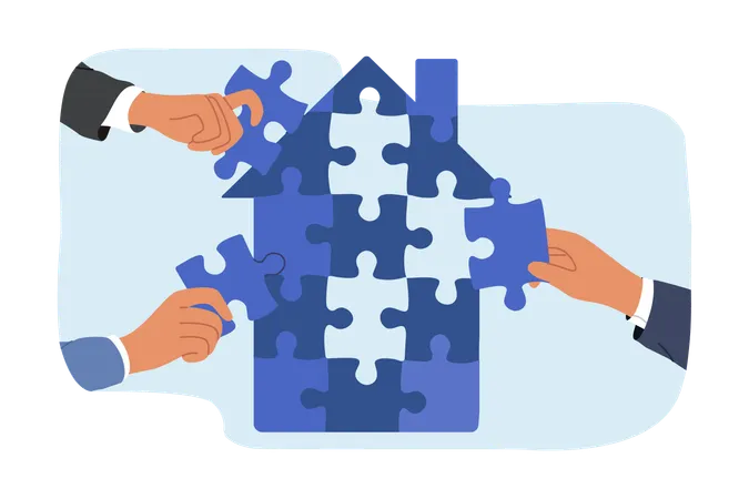 Hände von Investoren, die Reid Investments nutzen, um Immobilien zu kaufen und Häuser aus Puzzleteilen zusammenzusetzen  Illustration