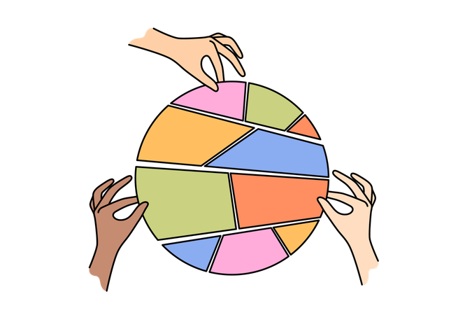 Hände von Menschen mit Geschäftsdiagrammen aus Einzelteilen, die gemeinsam mit Kollegen im Team arbeiten  Illustration