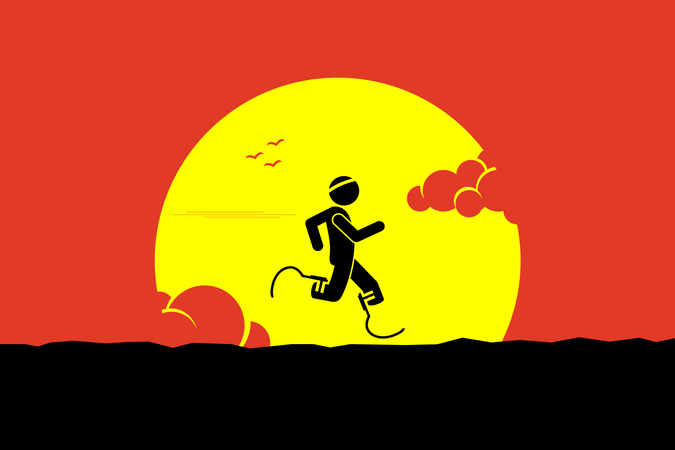 Handicap runner running with running blades or prosthetics leg with a big sun and cloud at the background  Illustration