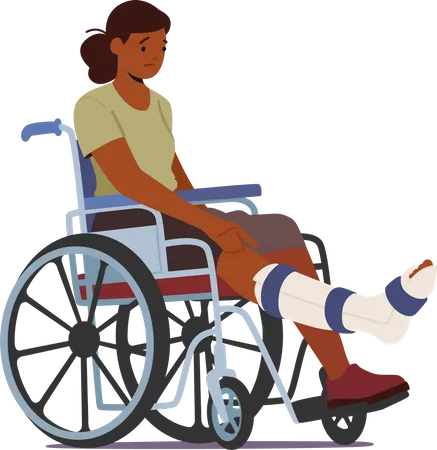 Unhappy Black Woman With Leg Fracture Sitting On Wheelchair Suffer Of Pain Isolated On White Background Injured Patient Character With Broken Foot In Hospital Cartoon People Vector Illustration Illustration