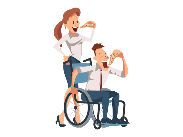 Handicapped Businessman and Office lady eating pizza together  Illustration