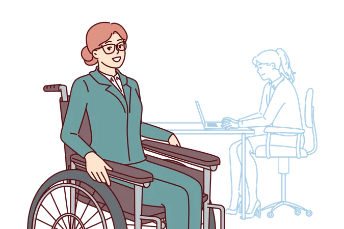 Business Woman Sits In Wheelchair And Works In Office As Manager Not Paying Attention To Illness Successful Businesswoman In Wheelchair For Concept Of Available Space And Equal Opportunity Illustration