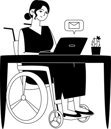 Handicapped female employee corresponds by email while sitting at computer at workplace  イラスト