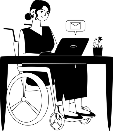 Handicapped female employee corresponds by email while sitting at computer at workplace  Illustration