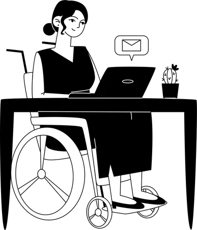 Handicapped female employee corresponds by email while sitting at computer at workplace  Illustration