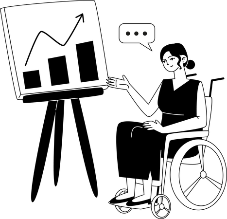 Handicapped female employee makes presentation about company's success using chart  イラスト
