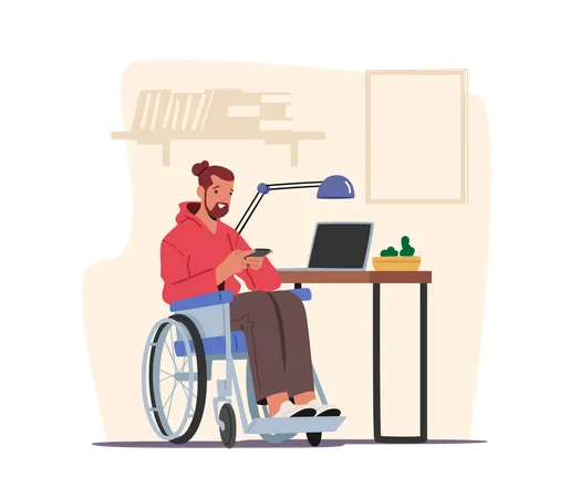 Handicapped Male Writing Message or Watch Video on Phone Illustration