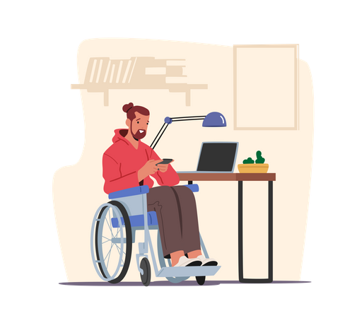 Handicapped Male Writing Message or Watch Video on Phone  Illustration