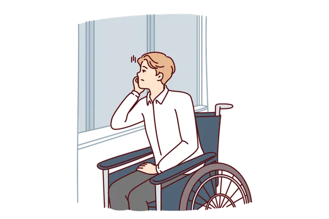 Unhappy Handicapped Man Sits In Wheelchair And Sadly Looks Out Window Suffering From Loneliness And Lack Of Opportunity For Walk Handicapped Guy Needs Psychological And Moral Support From Friends Illustration