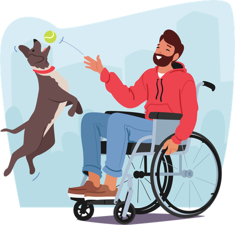 Handicapped Man Playing With Dog  Illustration