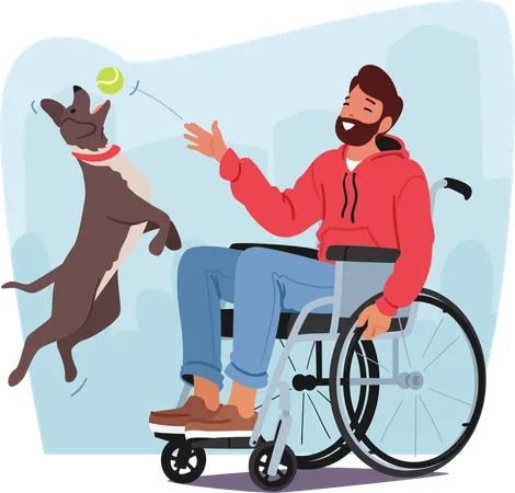 Resilience In Motion Man In A Wheelchair Finds Joy Playing With His Loyal Dog Character Exemplifying The Enduring Bond Between Humans And Their Faithful Companion Cartoon People Vector Illustration Illustration