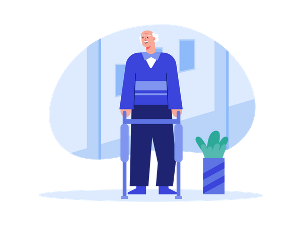 Handicapped man walking using walking stand  Illustration