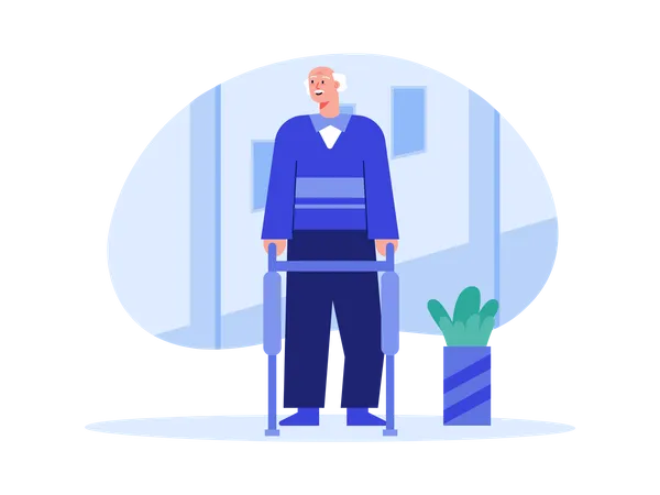 Handicapped man walking using walking stand  Illustration