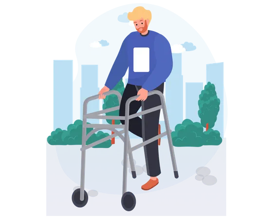 Handicapped man walking with help of walker Illustration