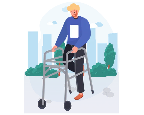 Handicapped man walking with help of walker  Illustration