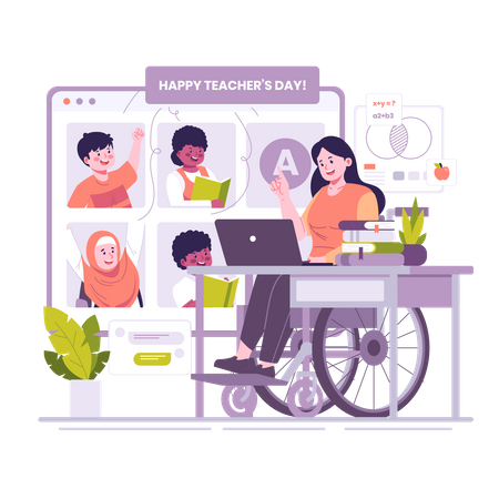 Handicapped teacher teaching students online  일러스트레이션