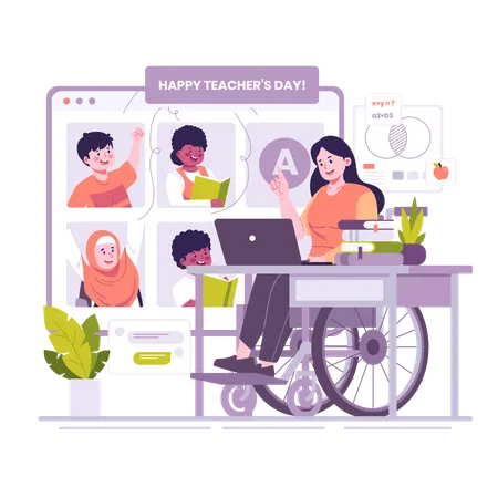 Handicapped teacher teaching students online  일러스트레이션