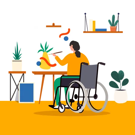 Handicapped woman doing painting  Illustration