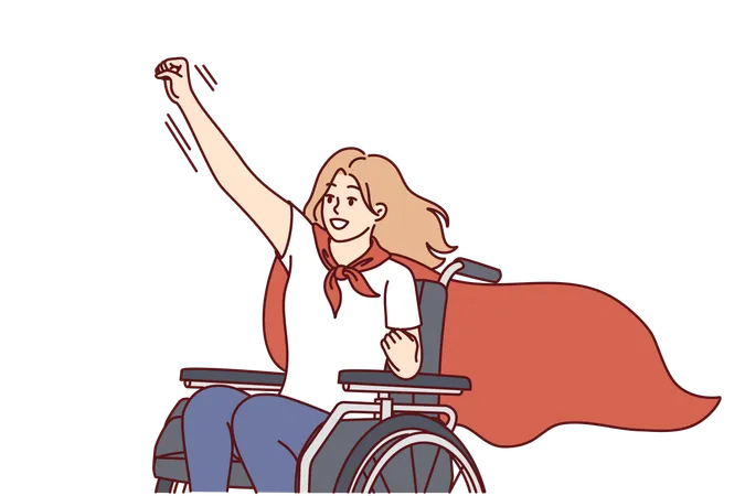 Woman With Wheelchair In Superhero Cape Symbolizes Determination To Overcome Difficulties Girl Rides In Wheelchair And Feels Strong And Healthy Despite Health Problems After Car Accident Illustration