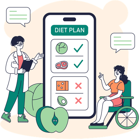 Handicapped woman looks at online diet plan  Illustration