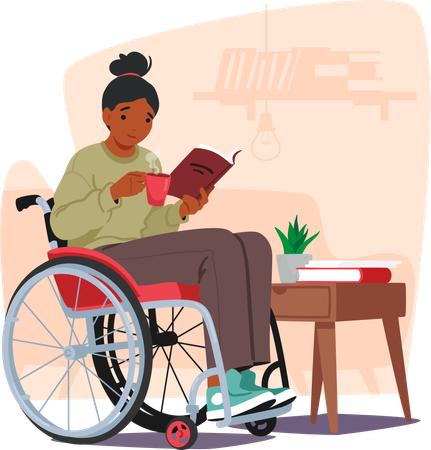 Handicapped Woman on Wheelchair and reading book  イラスト