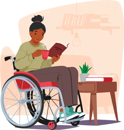 Handicapped Woman In A Wheelchair Engrossed In Her Book Character Radiates A Powerful Blend Of Strength And Intellect As She Embraces The World Through Literature Cartoon People Vector Illustration Illustration
