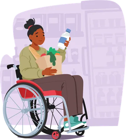 Woman On Wheelchair Gracefully Navigates The Supermarket Aisles Selecting Groceries With Independence And Resilience Character Embodying Strength And Empowerment Cartoon People Vector Illustration Illustration