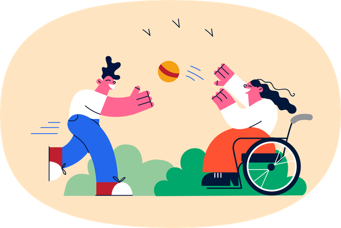 Handicapped woman playing ball with man  Illustration